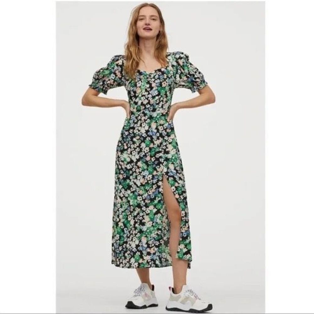 ✨H&M Pattern Ditsy Floral Midi Sz Large Dress Split Puff Sleeve Green Ruched✨